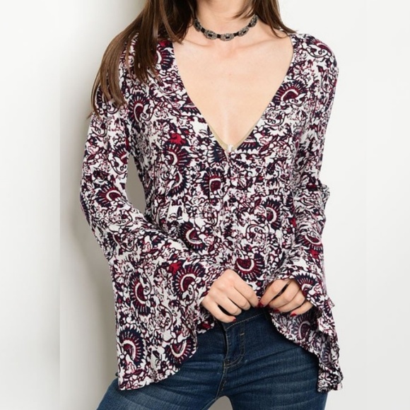 Tops - Retro Print High Low Bell Sleeve Boho Peplum Top